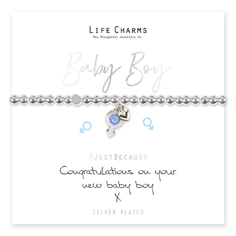  Exquisite Silver-Plated Men Sign and Heart Charms Bracelet on 5mm Beaded Stretch Band, Presented in Luxury Gift Box with 'Congratulations on Your New Baby Boy' Card. Premium Quality, E-Coated for Tarnish Prevention