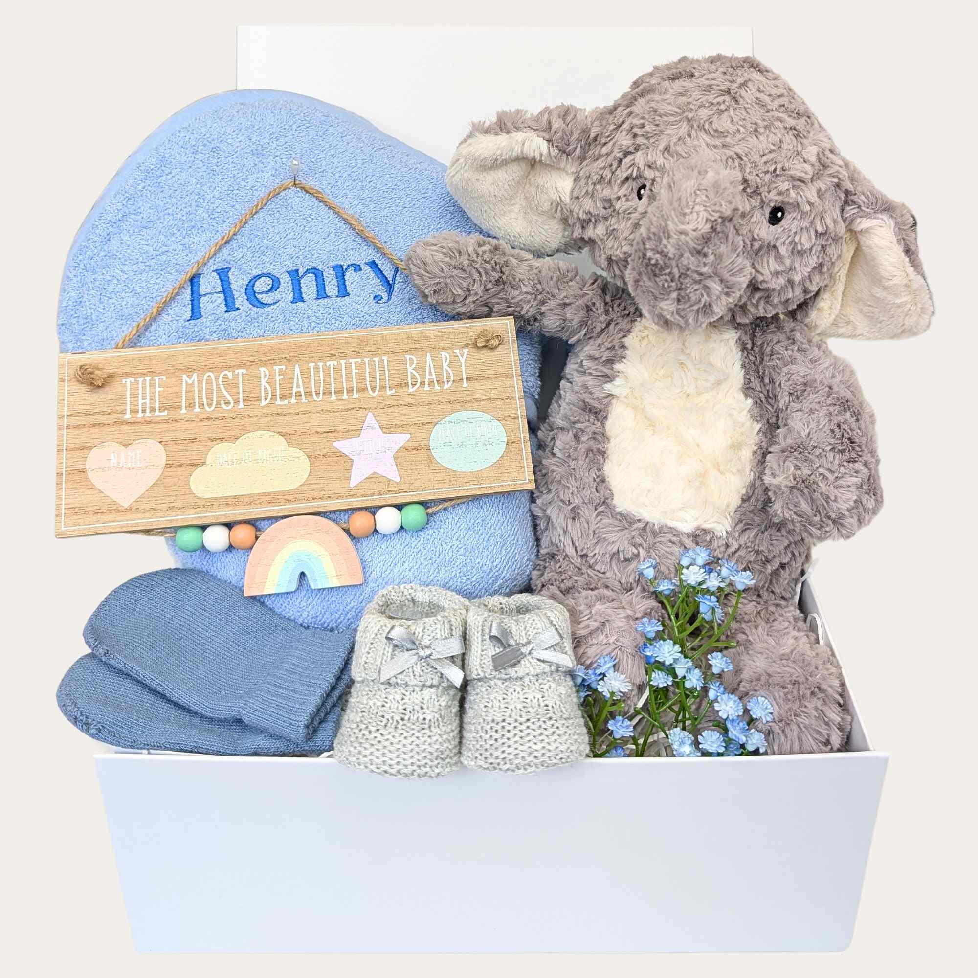 Baby boy gifts box with eco elephant soft toy. This hamper has a personalised towel designed by Bumbles and Boo.