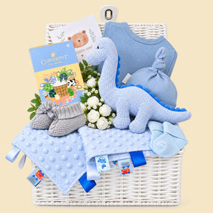 Baby boy gifts hamper with blue organic dinosaur and gifts for parents. Bumbles and Boo.