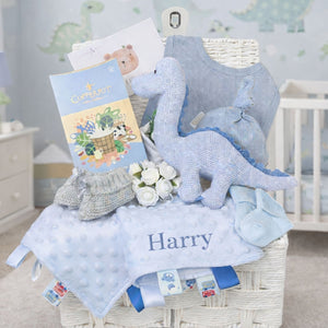 A personalised baby gift hamper full of presents to welcome a new baby boy.