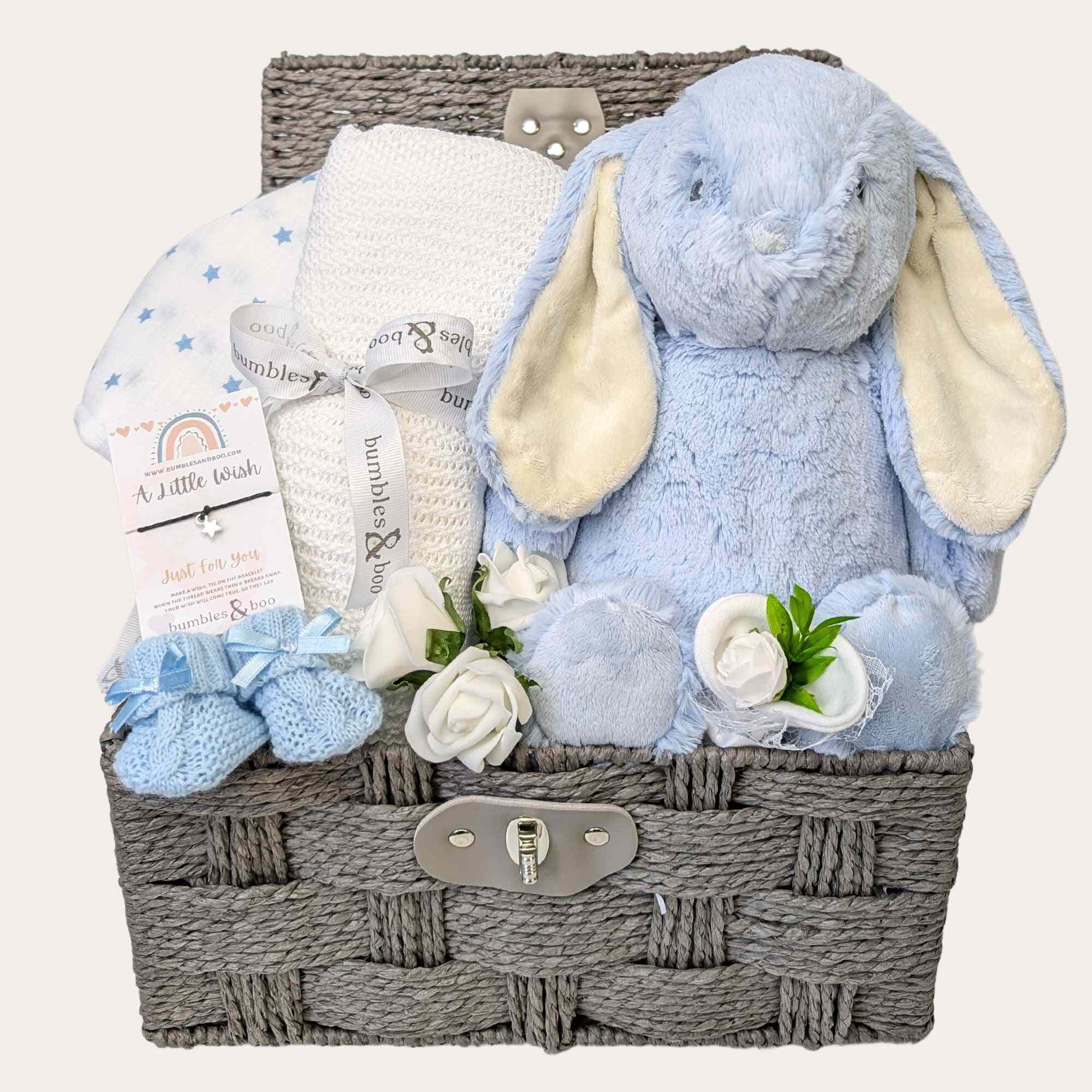 Baby boy gifts hamper with personalised blue bunny, blanket & muslin wrap in a gift basket. Bumbles and Boo.