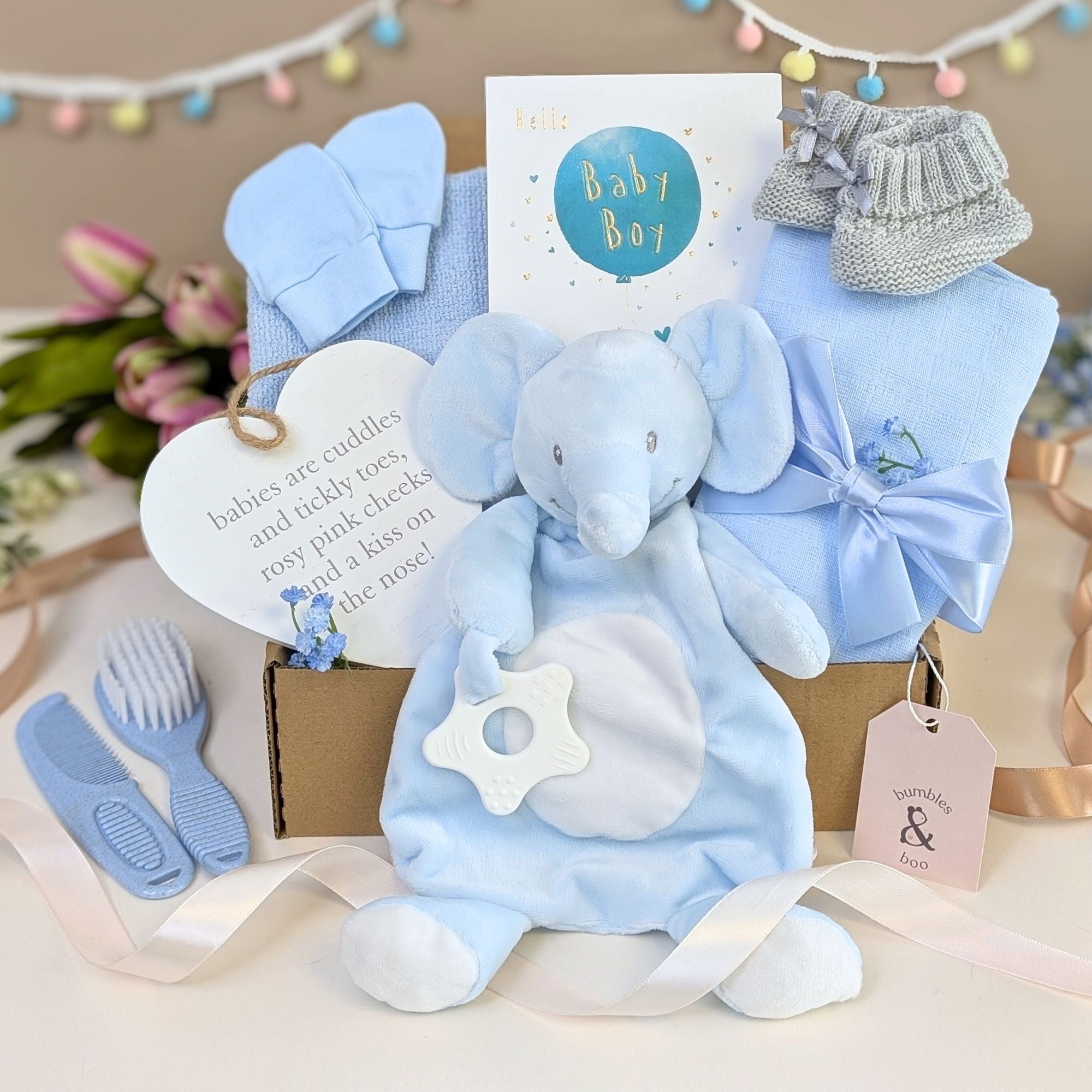 Eco-friendly baby boy gifts hamper with baby blue comforter in a sustainable gift box. Bumbles and Boo.