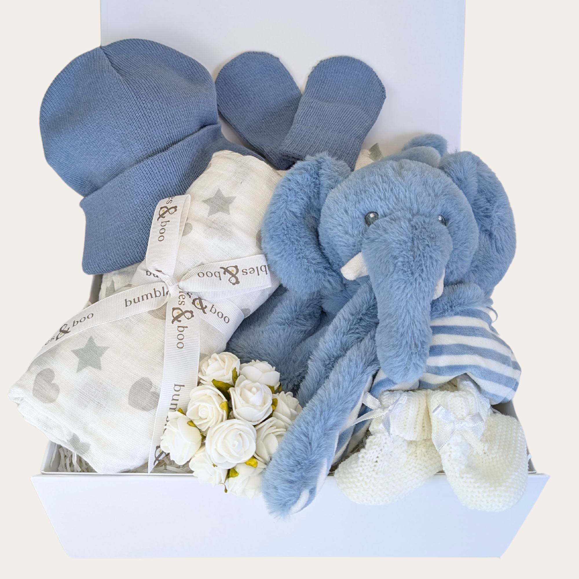 Baby boy gifts box hamper with blue elephant comforter. Bumbles and Boo.
