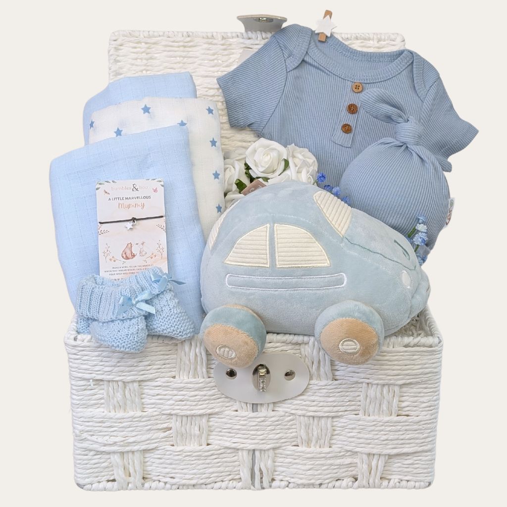 Baby boy gifts hamper basket - with blue soft car and treats for a newborn baby boy Bumbles and Boo.