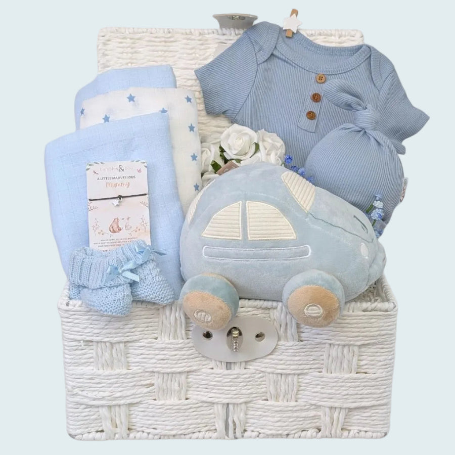Baby boy gifts hamper basket - with blue soft car and treats for a newborn baby boy Bumbles and Boo.