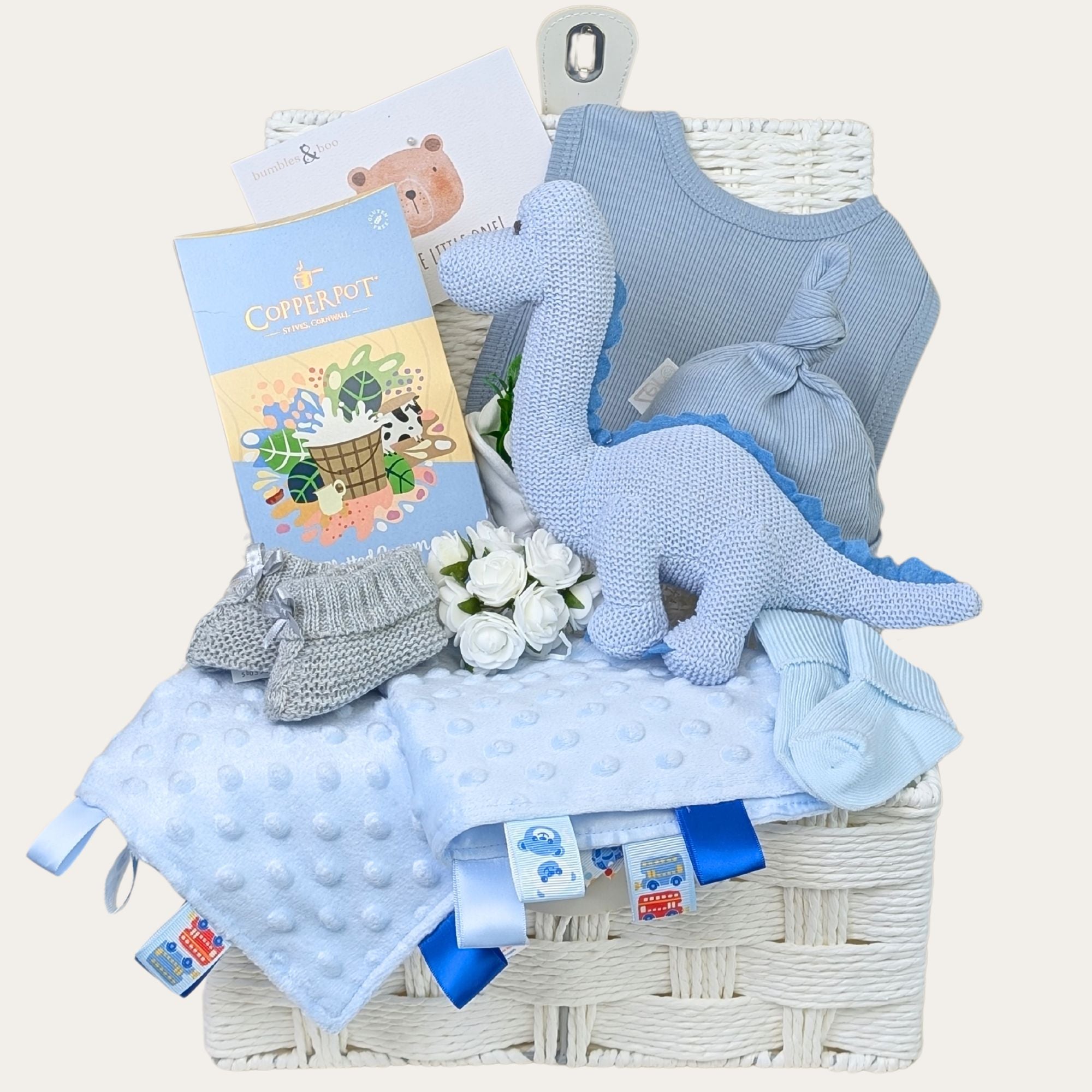 Baby boy gifts hamper with blue organic dinosaur and gifts for parents. Bumbles and Boo.