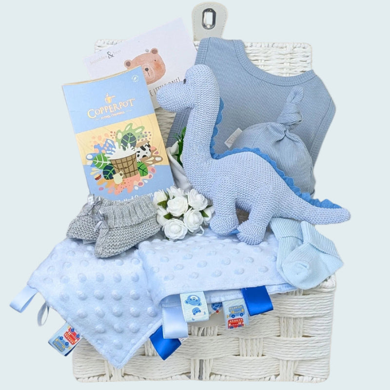 Baby boy gifts hamper with blue organic dinosaur and gifts for parents. Bumbles and Boo.