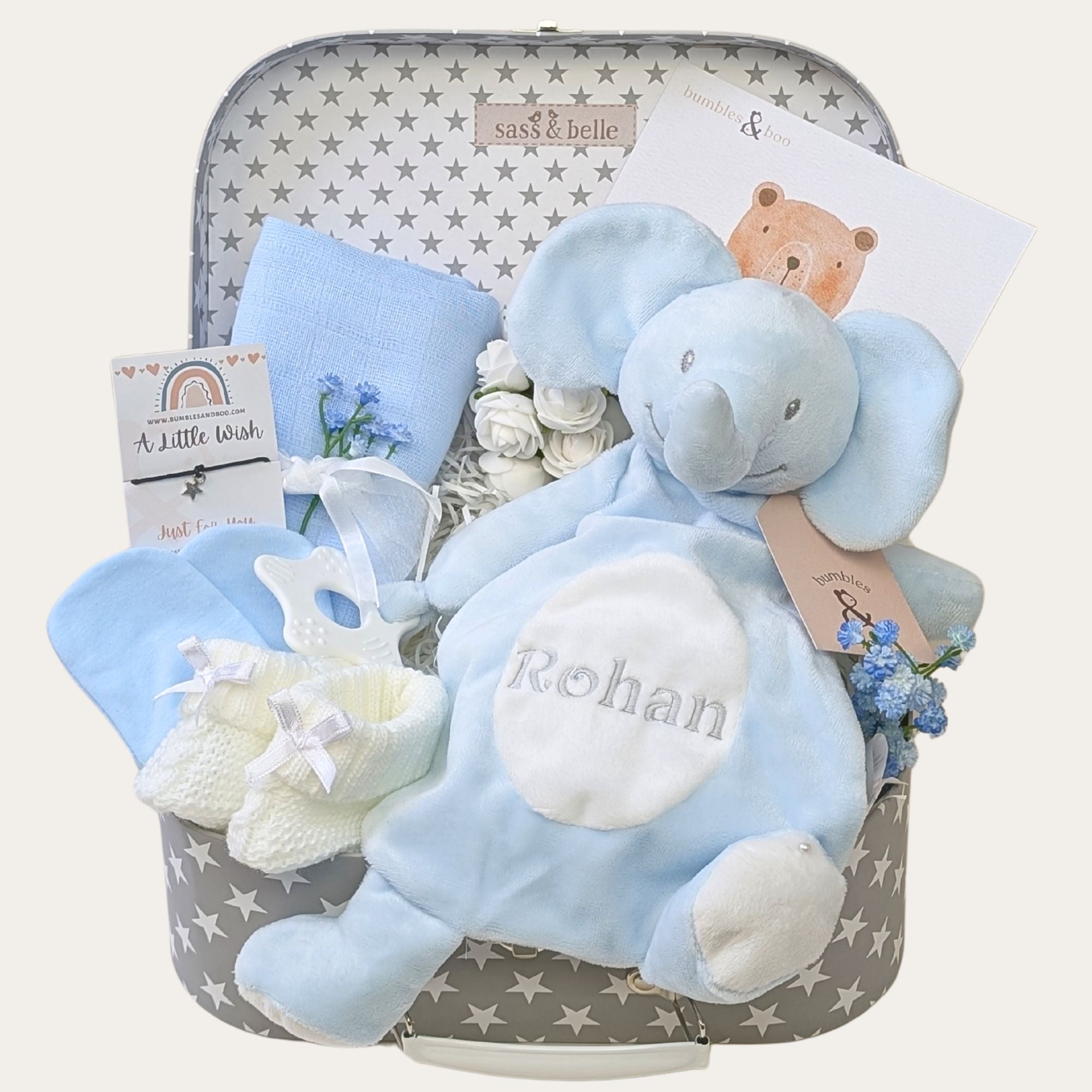 Baby boy gifts hamper with a blue personalised elephant comforter and gift for mum. Bumbles and Boo.
