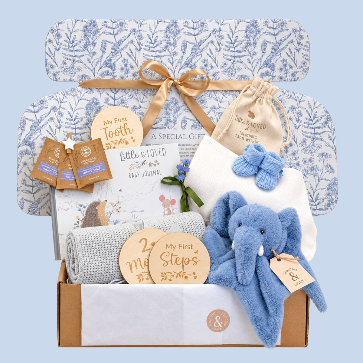 Baby boy gifts box with blue elephant toy, blanket, and presents for a newborn