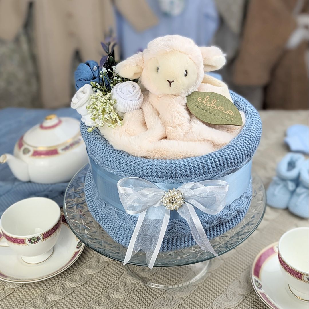 baby boy nappy cake with blanket and eco soft toy lamb