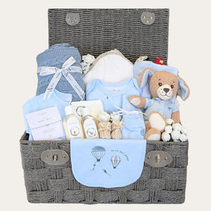 Baby boy gifts hamper with steiff puppy soft toy and blue newborn baby clothing set. Bumbles and Boo.
