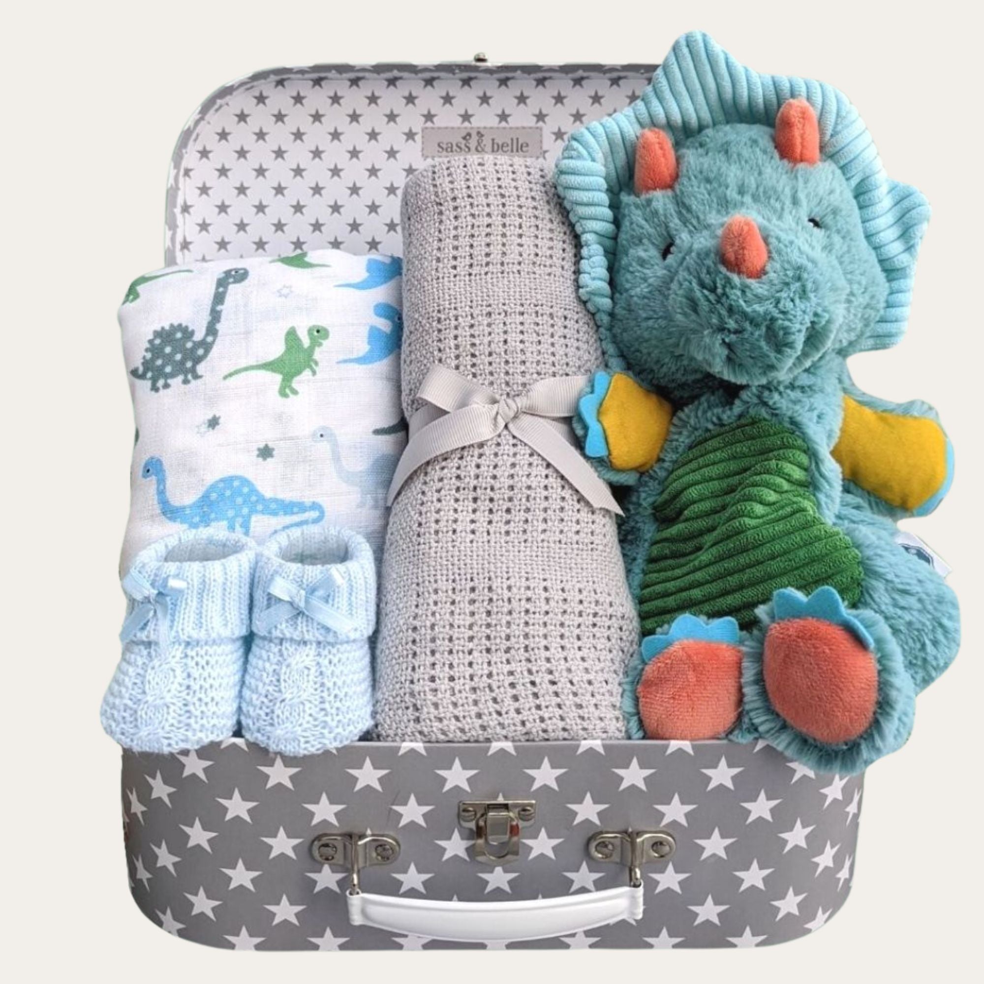 baby boy gifts hamper trunk with dinosaur soft toy, grey cellular blanket, muslin and baby booties. Bumbles and Boo.
