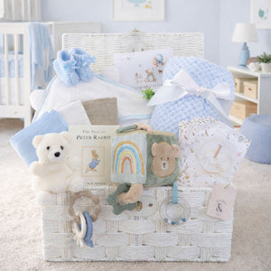 Baby boy hamper gift with toys and books in a white gifts hamper.