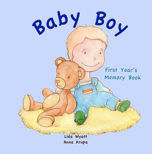 Baby Boy First Year’s Memory Book cover with teddy illustration