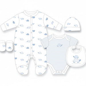 Baby boys turtle themed clothing set with sleepsuit, bodysuit, bib, hat and mittens in soft blue and white design