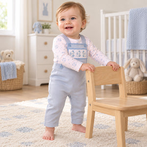 Baby boys blue elephant smocked 2 piece dungaree set