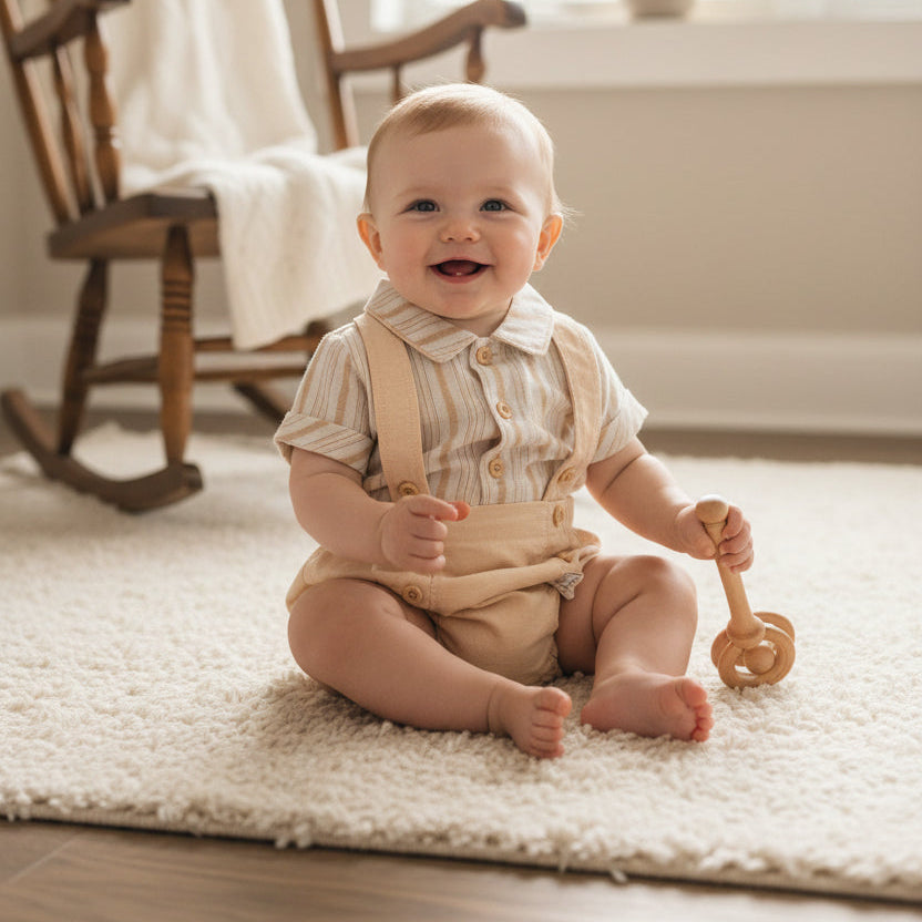 Baby boys dungaree set in stone stripes hanging in wardrobe. Two piece baby clothes outfit with short sleeve shirt and suspenders.