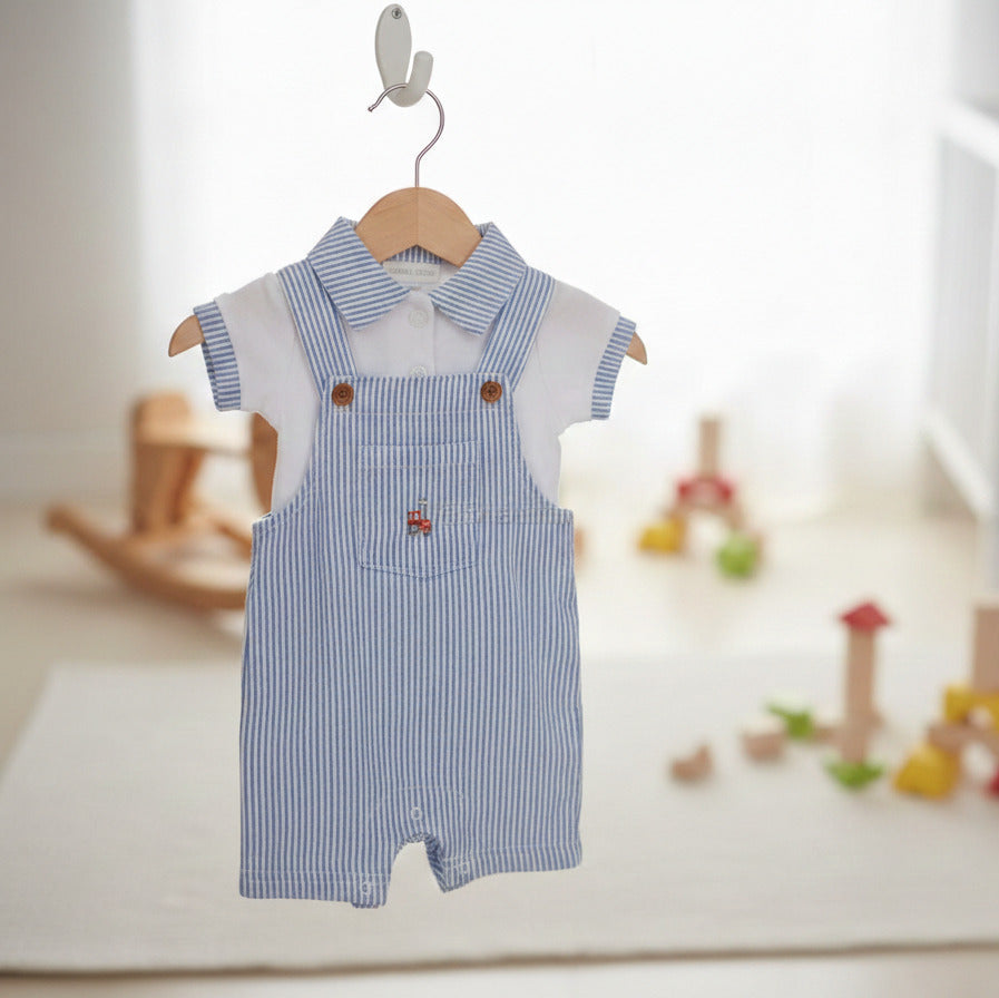 Baby boys tractor dungaree outfit with blue striped overalls and white short sleeve shirt, two piece baby clothes set.