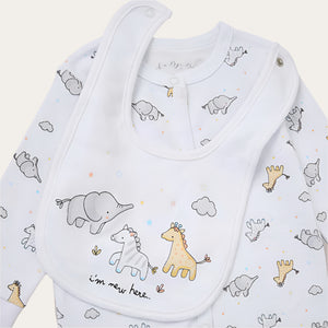 Baby bib with animal pattern on a sleepsuit