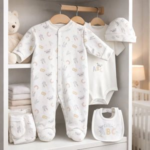 A neutral animal baby clothing set with poppers