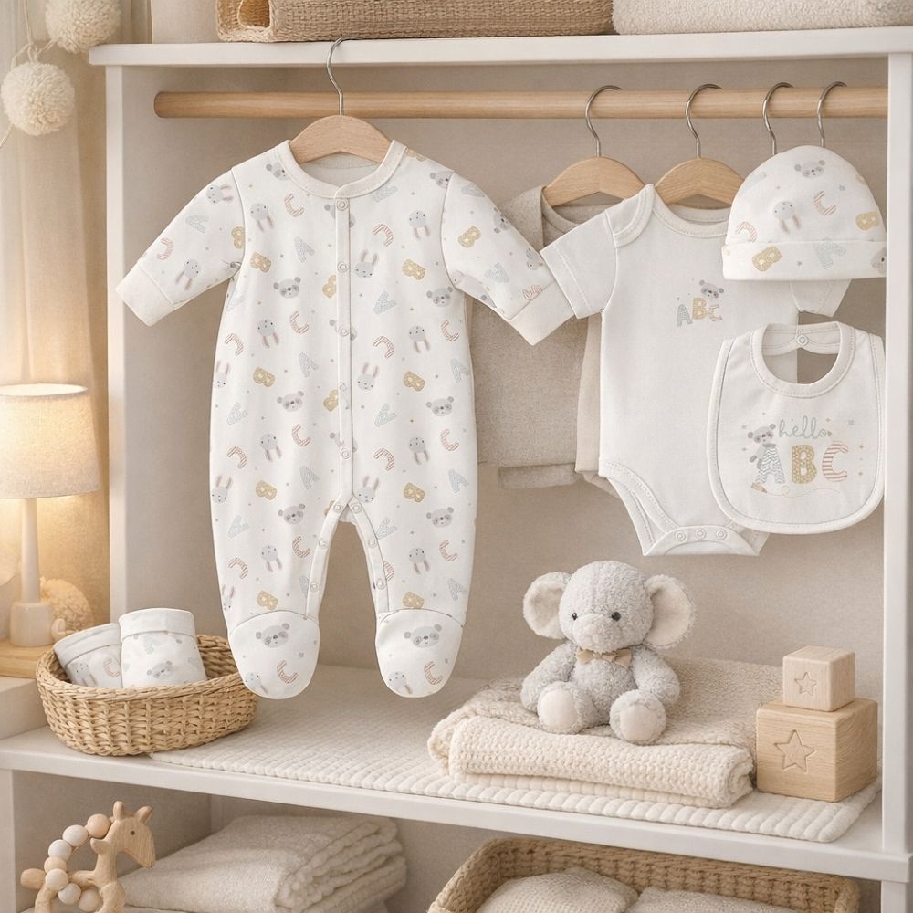 Baby clothing set in a five piece set with poppers and says abc