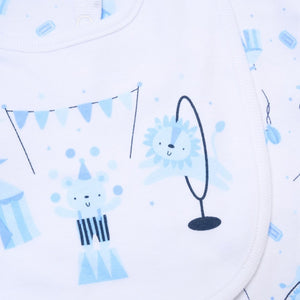 Baby boy blue circus 5 piece clothing set with sleepsuit, bib, hat and mittens