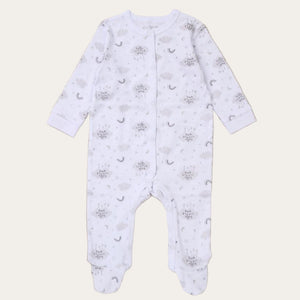 Soft white baby sleepsuit with moon and stars print