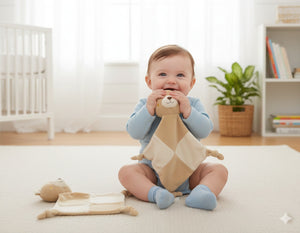 Taupe bear patchwork baby comforter toy with rattle, soft soothing comforter for newborn babies