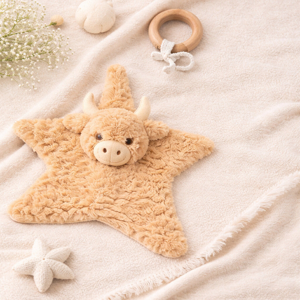 Soft highland cow newborn baby comforter toy, star shaped plush brown cuddly toy with cow head