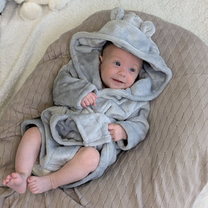 Personalised grey baby dressing gown with cute ears. This bath robe also has a belt and pockets.