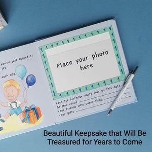 First Christmas page in memory book with festive illustrations