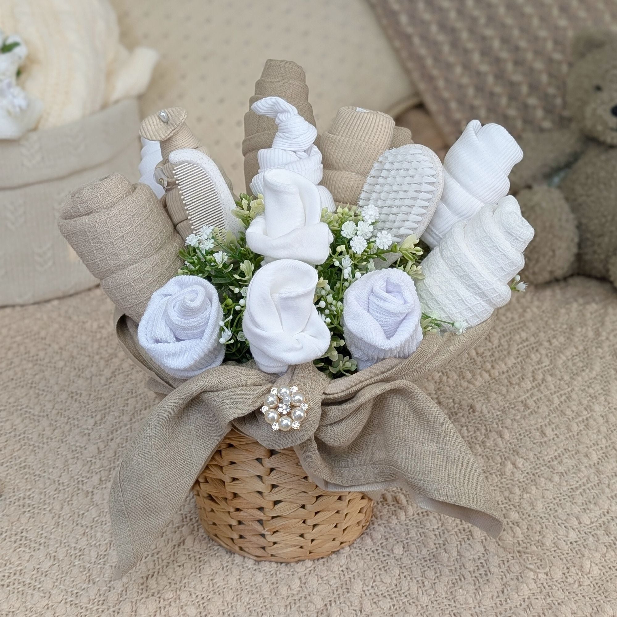 White Baby Clothes Bouquet Fresh Flowers Alternative Bumbles Boo