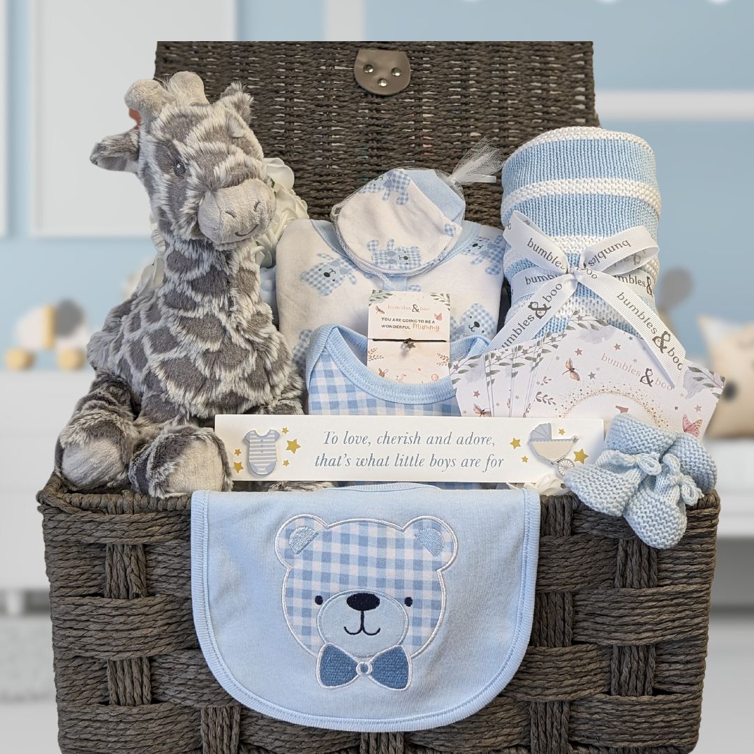 baby gifts basket with clothing set, giraffe soft toy, baby blanket, knit booties and a gift for mum.