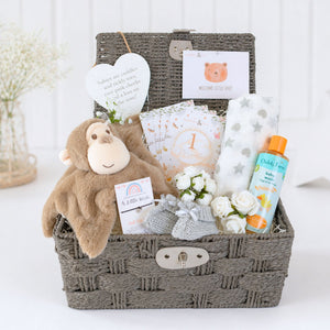 Baby gifts basket hamper with monkey comforter and organic baby wash