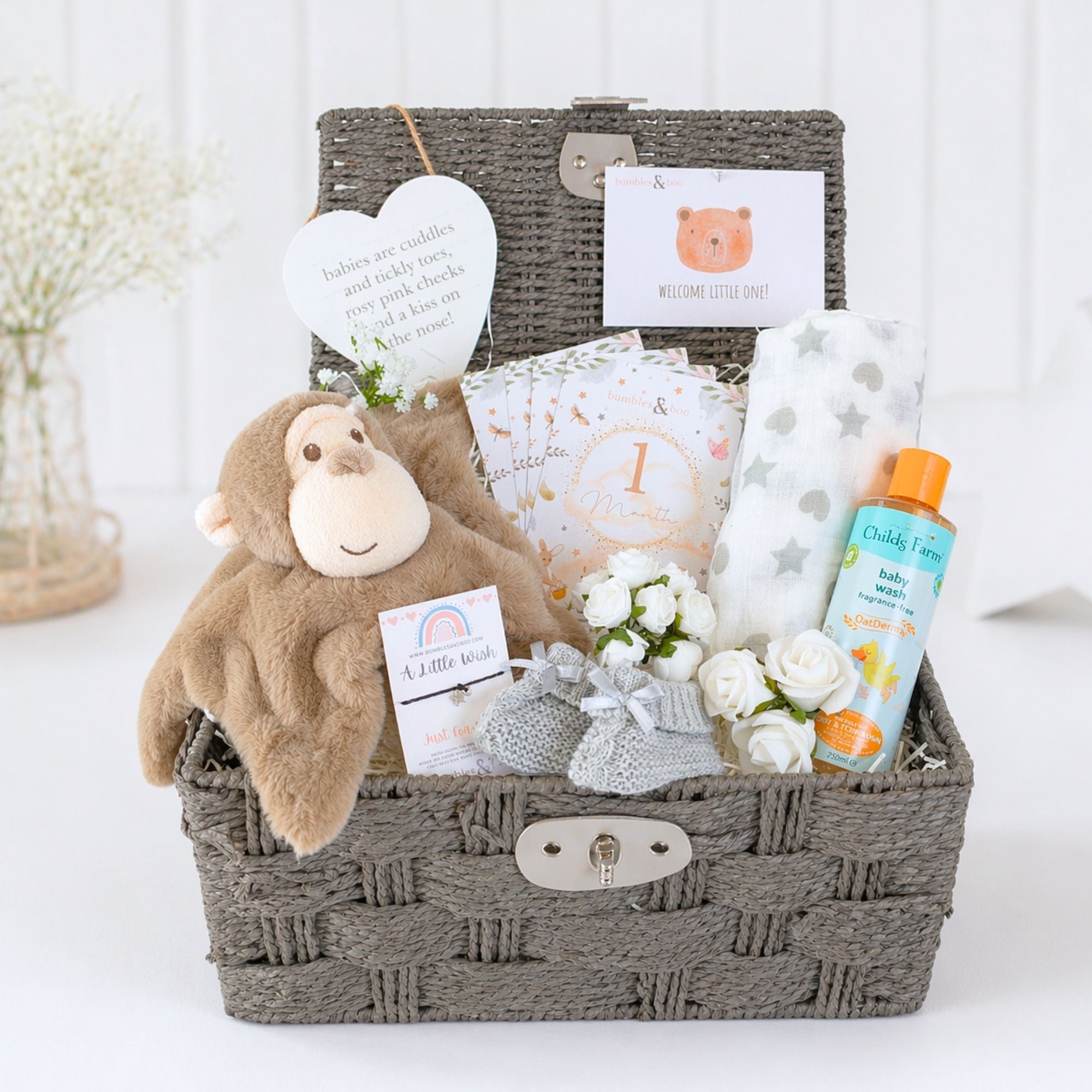 Baby gifts basket hamper with monkey comforter and organic baby wash