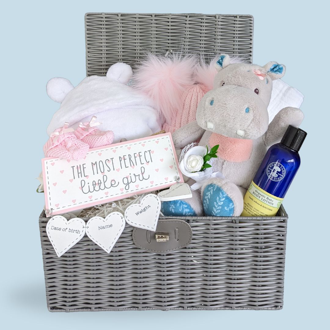 Baby girl gifts in a hamper basket. With pink hat and hioop soft toy.
