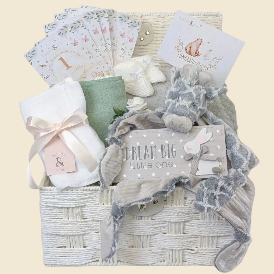 Luxury baby gifts hamper with giraffe comforter, personalised blanket, booties, and milestone cards – perfect new baby gift.