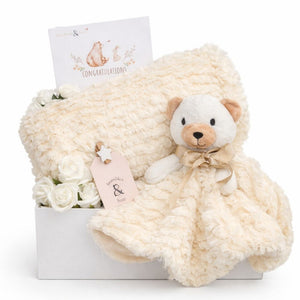 Baby gifts hamper with cream teddy bear comforter