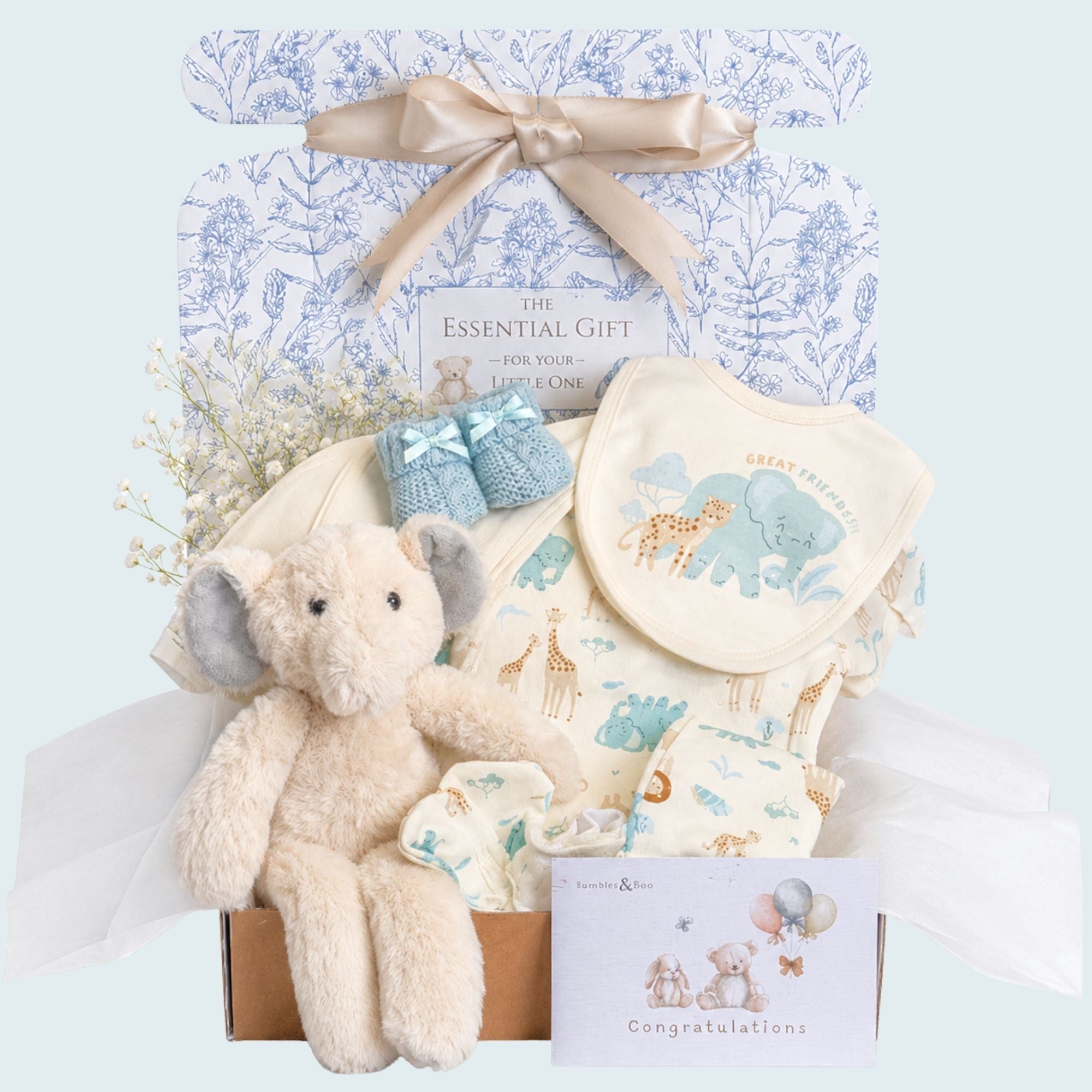 Newborn baby gifts beautifully presented inside a postal gift box.