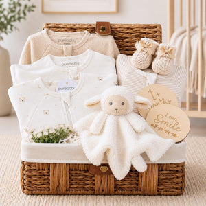 Baby hamper gifts in a basket with organic baby clothing and lamb soft toy.