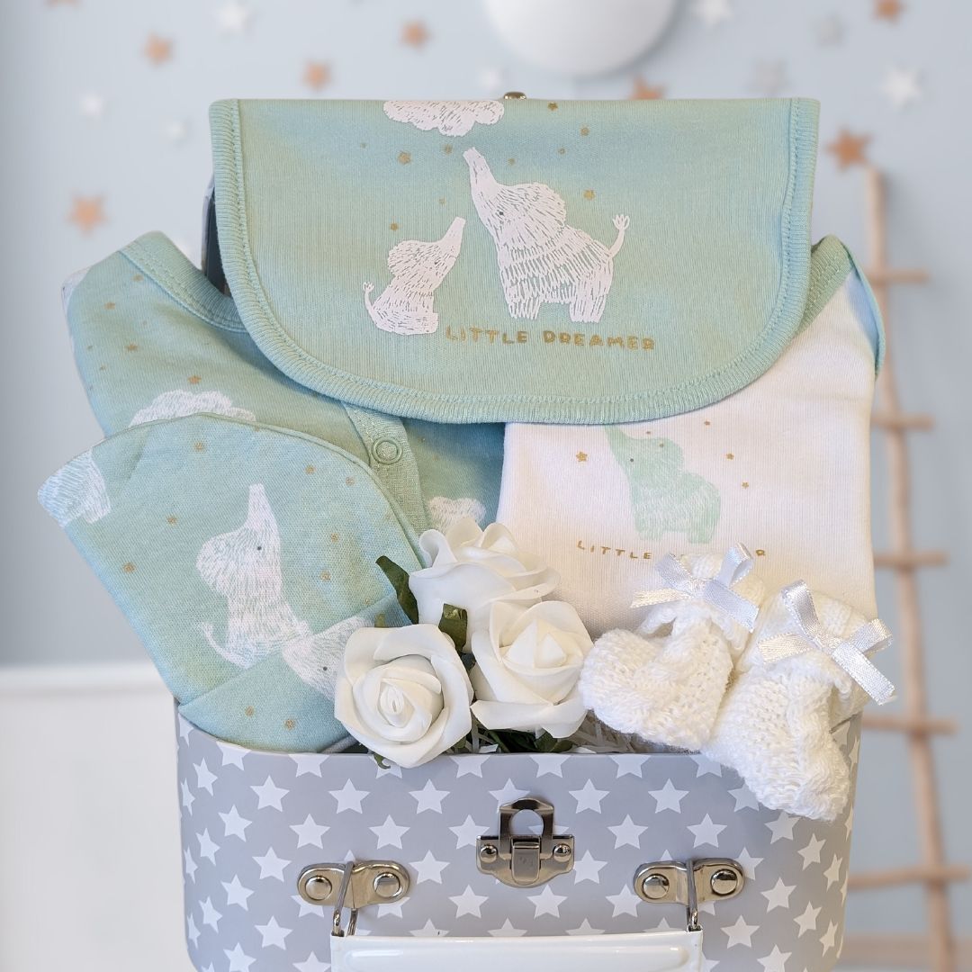 green baby clothing gift set with elephant design