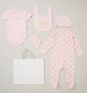 A 5 piece baby girl clothes set in pale poink with a heart & bow pattern. Includes bodysuit, bobygrow, hat, mittens and bib.