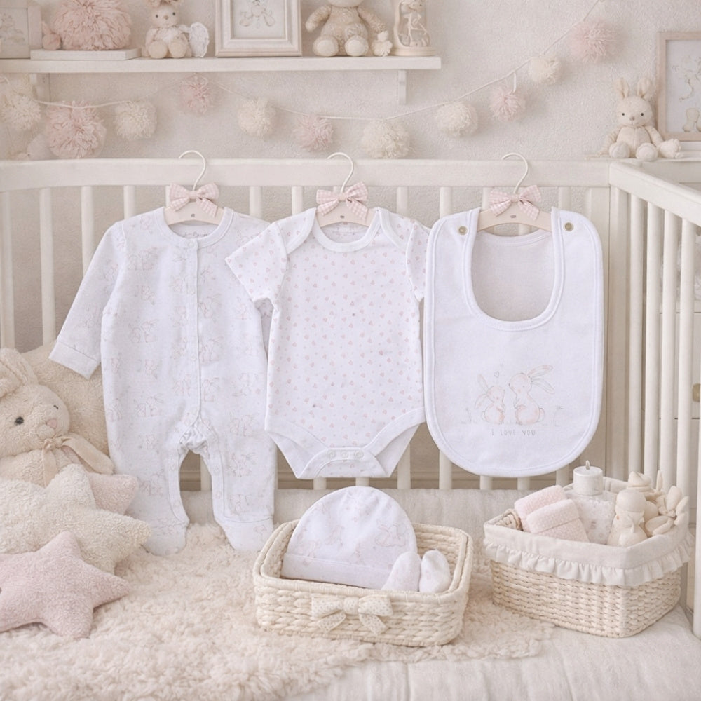 White and pink baby girl clothing set with bunnies on and saying I love you