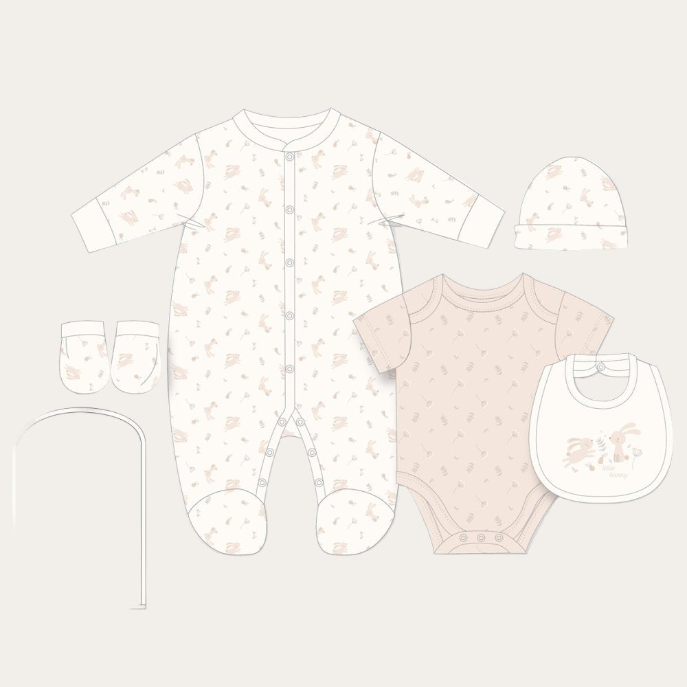 Baby girl pink bunny 5 piece clothing set with sleepsuit, bib, hat and mittens