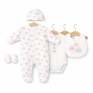 Pink and grey baby girl clothing set with planets and rainbows