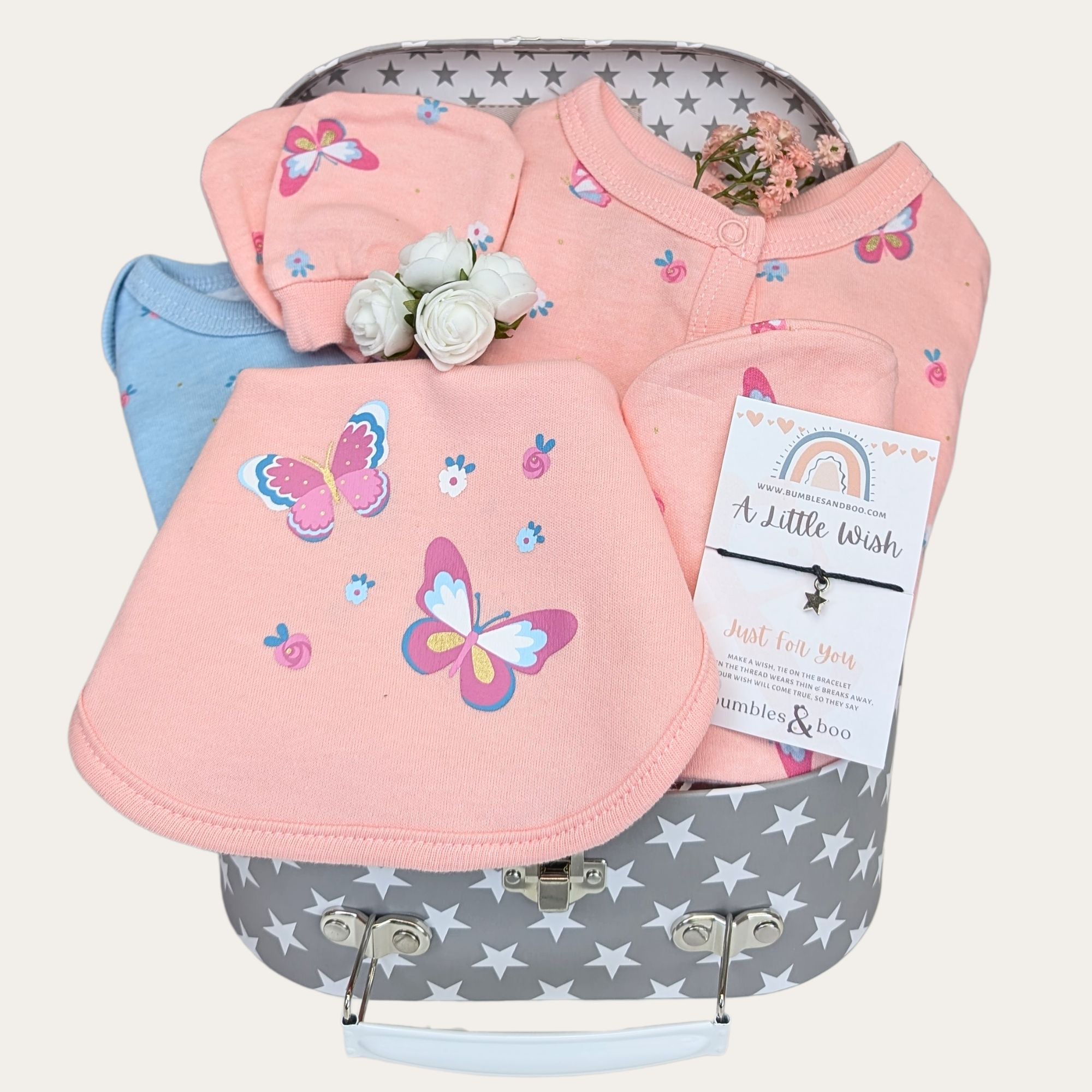 New baby girl pink clothes gifts set in a hamper designed by Bumbles and Boo.