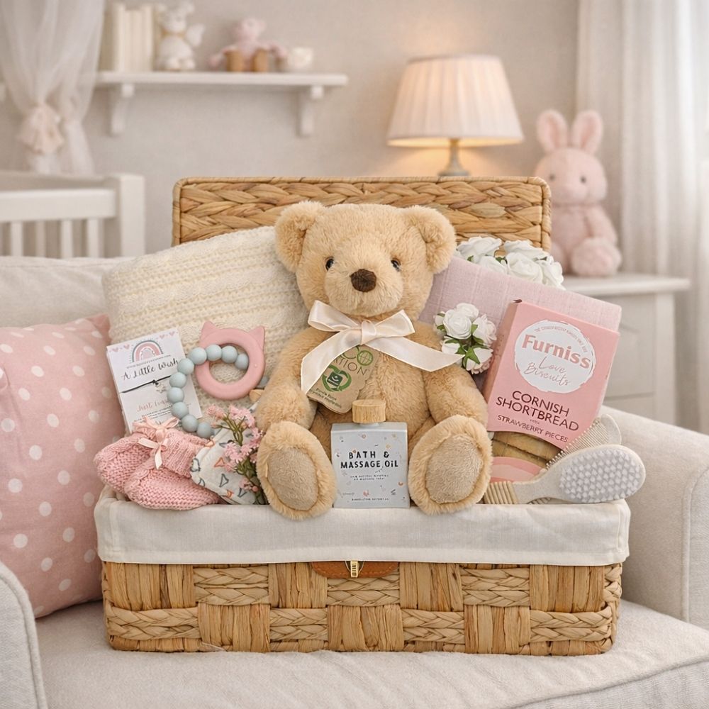 New baby girl gifts in a hamper basket with presents including a teddy bear and biscuits for the new parents.