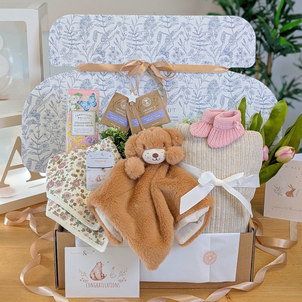 Baby girl gifts hamper box with brown teddy comforter, blanket, and pink booties.