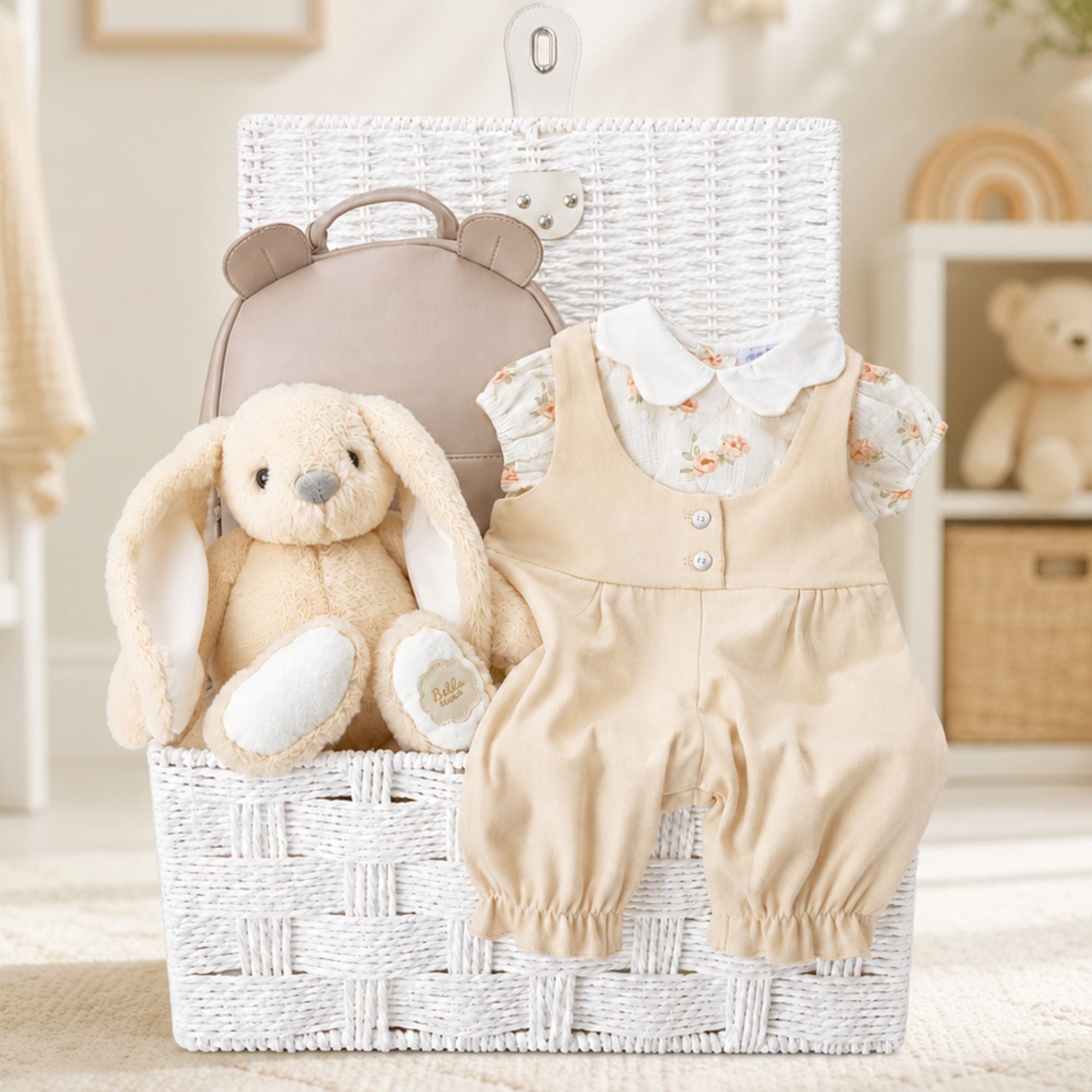 Luxury baby girl hamper gifts with pretty floral romper, baby backpack with cute ears and a bunny called Bella