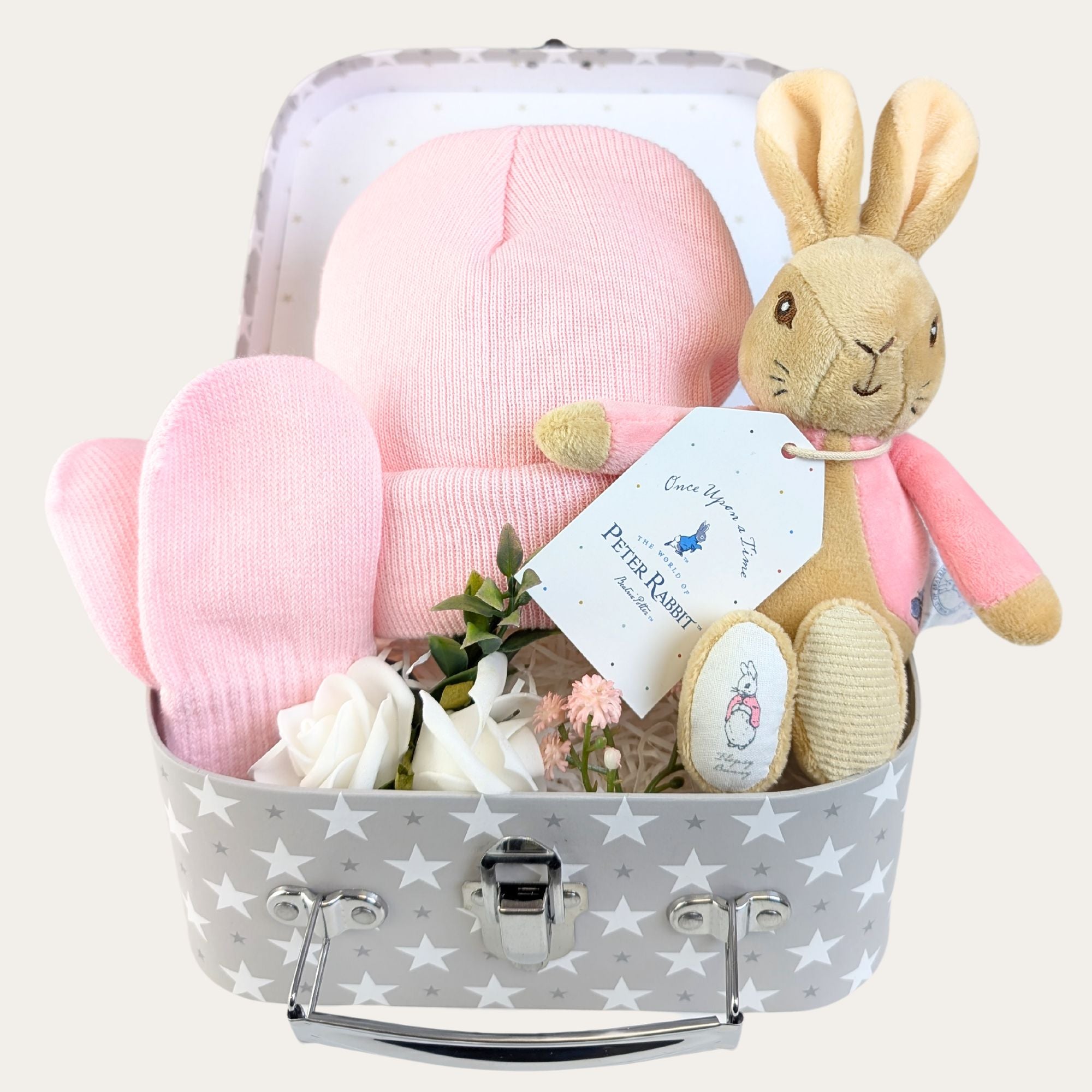 Baby girl gifts hamper with pink Flopsy Bunny toy.Bumbles and Boo.